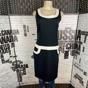 Dressbarn 10 Black Zip Back Vanilla Trim Round Neck Sleeveless Above Knee Dress